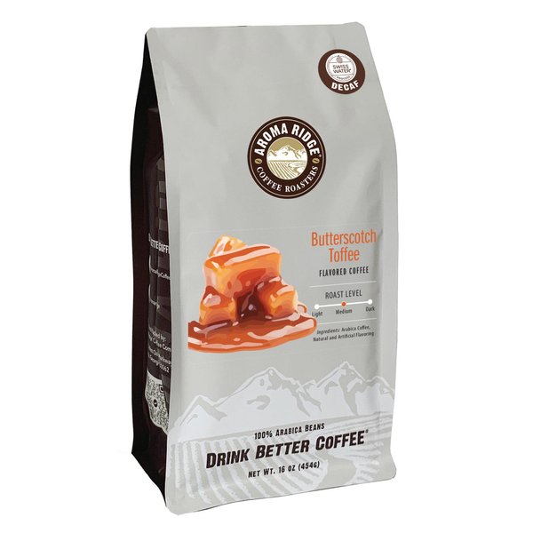 Aroma Ridge Butterscotch Toffee Swiss Water Process Decaf Flavored Coffee, 16 ounces, Whole Bean FlavorSeal Bag
