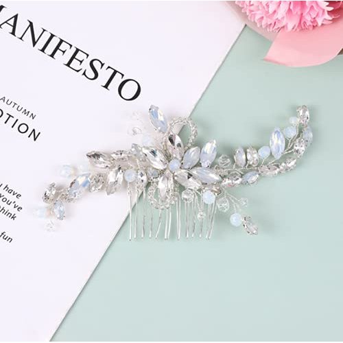 JORCEDI Wedding Hair Comb Silver Blue Rhinestones Opal Crystal Vintage Bridal Clips Hairpiece Handband for Wedding Party Evening Hair Accessory