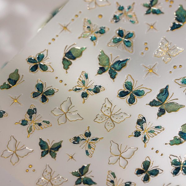 Butterfly Nail Art Stickers Decals 5D Embossed Butterfly Nail Decals 1PCS Green Butterfly Star Gold Edge Design Butterfly Nail Stickers Bronzing Butterfly Stickers for Manicure Nails Art Decoration