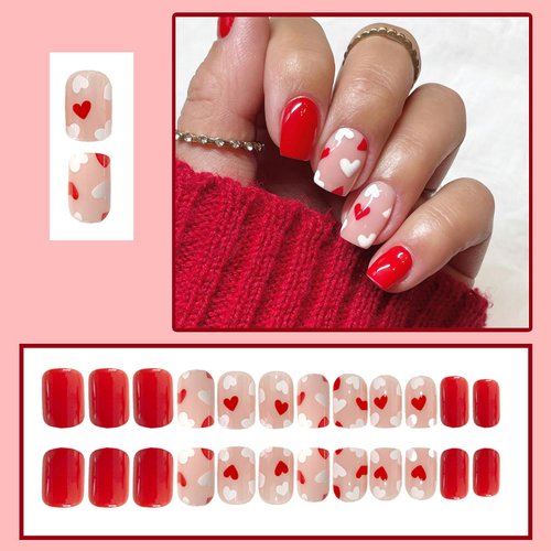 OCOUYVD Heart Press on Nails Short Square Valentines Fake Nails Petite Red Stick on Nails Full Cover False Nails with Red White Heart Designs Acrylic Nails Glossy Artificial Nails for Women Girls