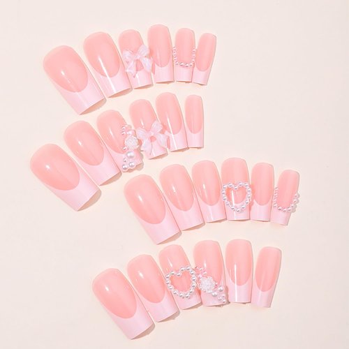 Press on Nails Medium Square Love Heart Pearl False Nails Artificial Acrylic Nails Flower and Bow Tie Design French Fake Nails Full Cover Reusable Coffin Nails Glue on Nails for Women Supplies 24Pcs