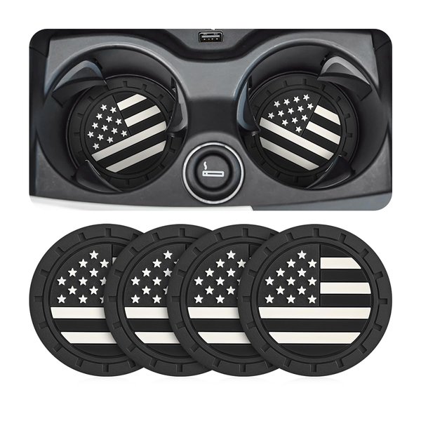 Osilly Car Cup Holder Coasters, 4 Pack American Flag Insert Car Cup Coaster, 2.75 Inch PVC Anti Slip Shockproof Embedded Drink Mat, Car Interior Decoration Accessories for SUV, Truck (Black)