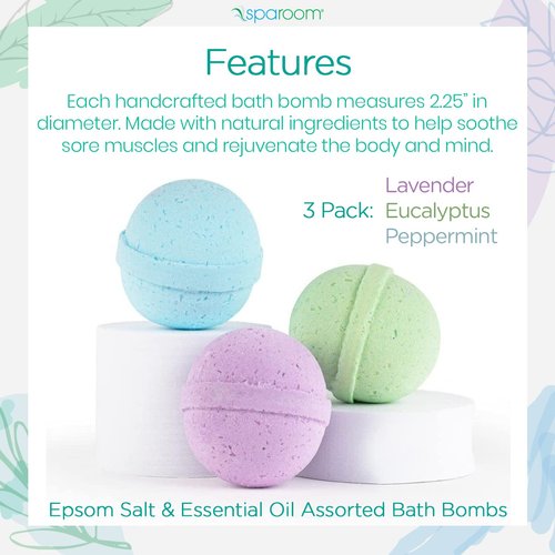 SpaRoom Soothe and Relax Handmade Natural Essential Oil Aromatherapy Bath Bombs, Set of 3, Lavender, Eucalyptus and Peppermint