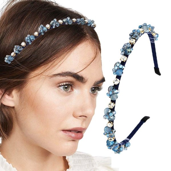 Firuilo Thin Headbands Blue Rhinestones Hair Bands Bling Crystal Beaded Head Bands for Women and Girls (Type B)