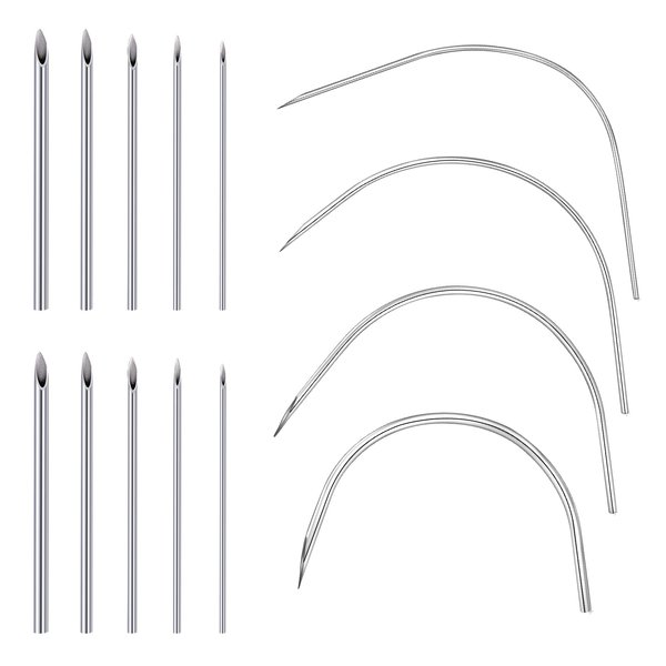 JIESIBAO 14PCS Mixed Body Piercing Needles,Stainless Steel 12G 14G 16G 18G 20G Disposable Piercing Needles for Ear Nose Belly Nipple Lip Tongue Cheek Piercing（Curved, Straight