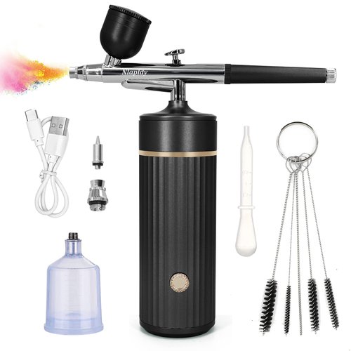 Nlapldy Airbrush Kit with Compressor, Portable Auto Handheld Airbrush Gun with 0.4mm Tip, 34PSI Air Pressure, 7.4V Rechargeable Compressor for Painting, Tattoo, Nail Art, Model Coloring, Makeup