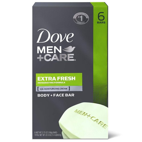 Dove Men+Care Bar 3 in 1 Cleanser for Body, Face, and Shaving to Clean and Hydrate Skin Extra Fresh More Moisturizing Than Bar Soap 3.75 oz, 6 Bars