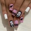 Halloween Press on Nails Short Square Fake Nails Scream Ghost Face Acrylic Nails Pink Blood Drop False Nails Bat Design Artificial Nails Full Cover Stick on Nails Glossy Glue on Nails for Women 24pcs