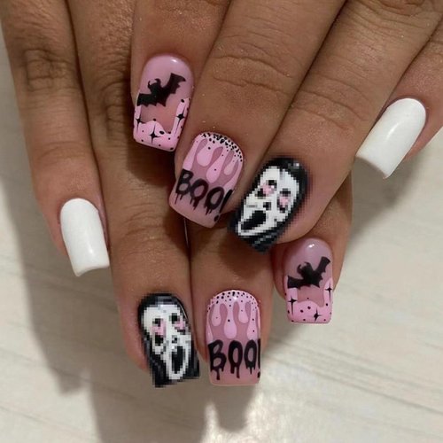 Halloween Press on Nails Short Square Fake Nails Scream Ghost Face Acrylic Nails Pink Blood Drop False Nails Bat Design Artificial Nails Full Cover Stick on Nails Glossy Glue on Nails for Women 24pcs