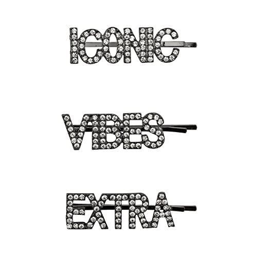 Lux Accessories Set (3pc) ICONIC VIBES EXTRA Words Clear Crystal Rhinestones Hem Black Hair Pins