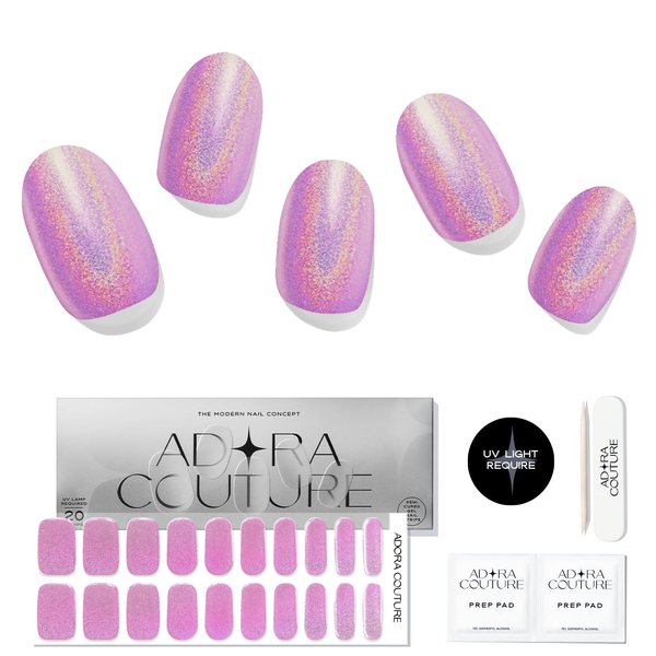 Adora Couture Semi Cured Gel Nail Strips | 20pcs Holographic Purple Stick-on Gel Nail Sticker | Nail Wraps Kit for Women - UV Light Required (Holo Magenta)