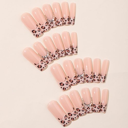 Long Press on Nails Square,Leopard Print French Tips Fake Nails Full Cover Stick on Nails with Sparkly Rhinestones Design Glossy False Nails 3D Nail Charms Long French Nails Kit for Women Girls-24 Pcs
