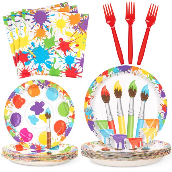 DECORLIFE Paint Party Supplies Serve 24, Paint Party Decorations Plates and Napkins Sets, Art Birthday Party Decorations for Kids Adults, 96 PCS