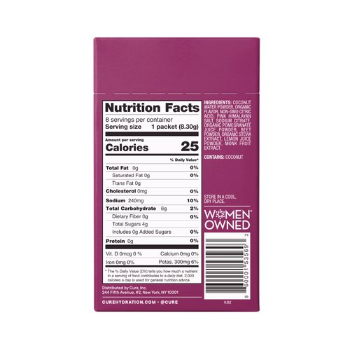 Cure Hydration | Plant-Based Electrolyte Drink Mix | No Added Sugar | Dehydration Relief Powder Made with Coconut Water | Non-GMO | Vegan | FSA & HSA | Box of 8 Packets - Berry Pomegranate