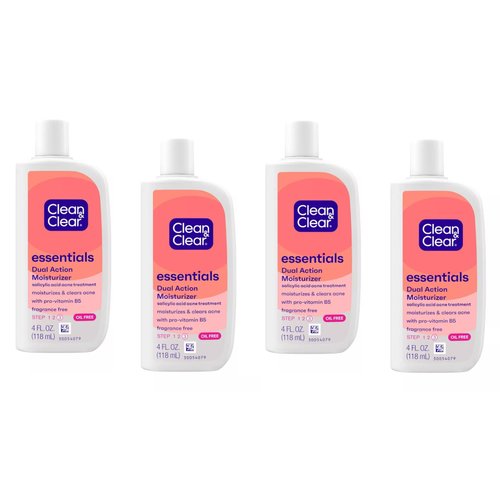 Clean & Clear Essentials Dual Action Facial Moisturizer with Salicylic Acid Acne Medication to Treat Acne and Prevent Pimples, Oil Free Face Moisturizer Cream for Acne-Prone Skin, 4 oz (Pack of 4)