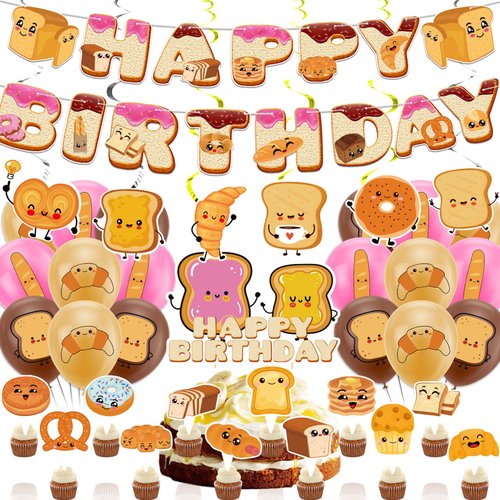 Bread Party Decortions Toast Bread Birthday Party Supplies With Bread Birthday Banner Hanging Swirls Cake Topper Cupcake Toppers Balloons for Bread Birthday Party Home Decor