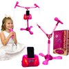 Kids Karaoke Machine with 2 Microphones Adjustable Height Wire Bluetooh Mic Music Sing Along with Flashing Lights Musical Effects Cell Phone Holder Kids Microphone with Stand Fun Kids Toy (Pink)