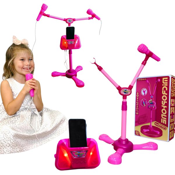 Kids Karaoke Machine with 2 Microphones Adjustable Height Wire Bluetooh Mic Music Sing Along with Flashing Lights Musical Effects Cell Phone Holder Kids Microphone with Stand Fun Kids Toy (Pink)