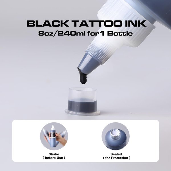 CNC 8oz Black Tattoo Ink Set 240ml True Black Vegan-Friendly Pigment Professional Tattoo Supplies for Lining, Shading, Blending Premium Skin-Safe Inks TI6003-240-001