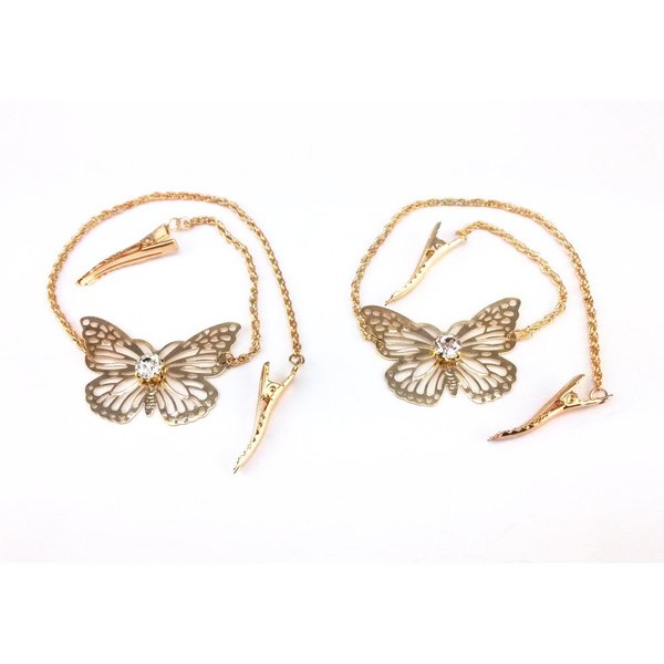 yueton 2pcs Fashion Ladies Rhinestone Gold Butterfly Chain Alligator Clips Barrettes Bobby Pin Hair Clips Bride Headwear Edge Clip Clamps Headbands