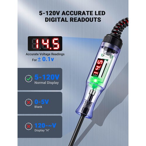 JASTIND 5-120V Digital Automotive Test Light with LED Voltage Display, Automotive Circuit Tester with Voltmeter & Stainless Probe, Voltage Light Tester with Alligator Clip for Car Fuse Circuit Testing