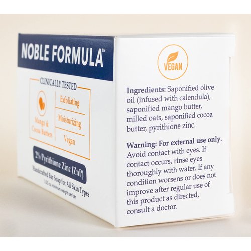 Noble Formula 2% Pyrithione Zinc (ZnP) Bar Soap, Vegan Mango and Cocoa Butter for All Skin Types Including Those With Acne, Psoriasis and Eczema, 3.25 oz, (3 Bars in 1 Box), Total 9.75 oz