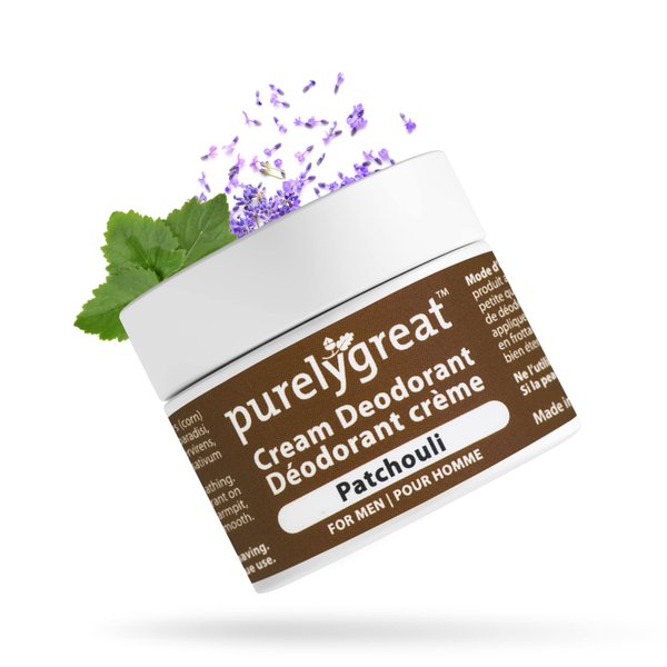 Purelygreat - All Natural Men’s Deodorant, Long-Lasting Natural Deodorant for Daily Use, Aluminum-Free Cream Deodorant for Men, EWG Verified Handcrafted Vegan Deodorant, Patchouli, 50 g