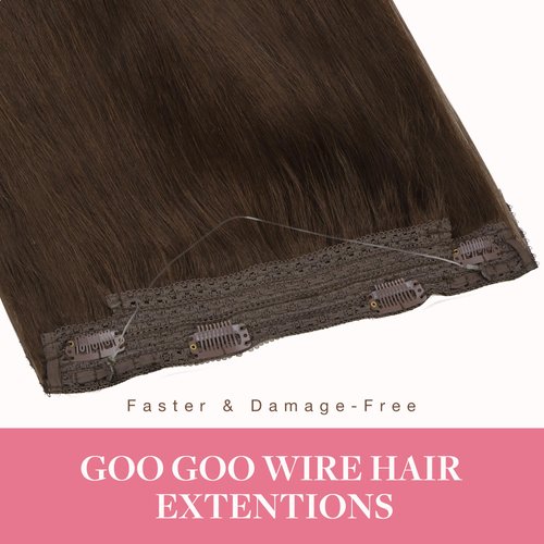 GOO GOO Wire Hair Extensions Human Hair, 4A Chocolate Brown Natural 18inch 95g, Invisible Wire Hair Extensions with Transparent, Seamless Fish Line Hairpiece