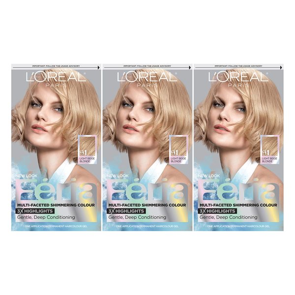 Loreal Feria Multi Faceted Shimmering Hair Color, 91 Light Beige Blonde- 1 Ea (Pack of 3)