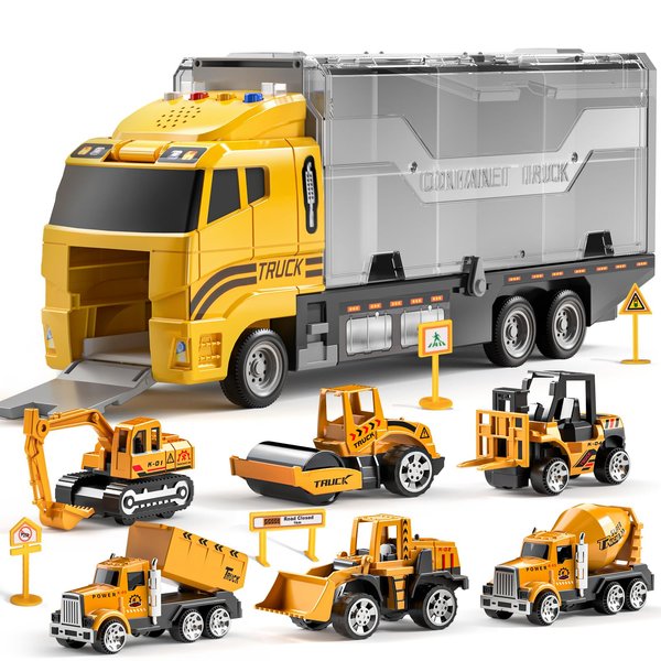 TEMI Construction Truck Toy Set with Play Mat, Carrier Truck Toys for Kids Toddlers, Die-Cast Metal Toy Car Set, Truck Car Kids Toys Christmas Birthday Gift for Age 3 4 5 6 + Years Old Boys Girls