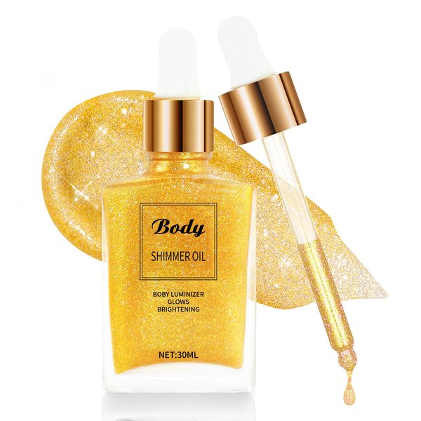 DAGEDA Gold Body Shimmer Oil, Luxurious Shimmer Body Oil,Body & Face Highlighter for Makeup,Lightweight and Non-Greasy Body Glow Oil,Smooth Body Illuminator for Skin 1.1 fl.oz.