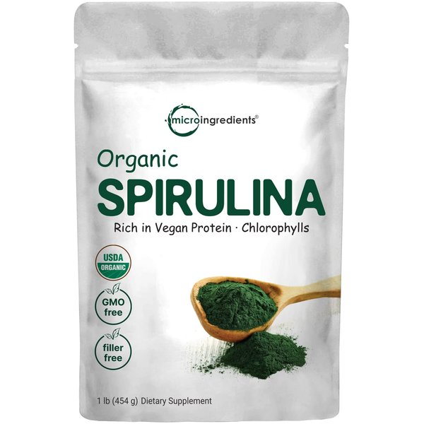 Micro Ingredients Organic Spirulina Powder, 16 Ounce, Raw Spirulina (Arthrospira Platensis), The Richest Sources of 70% Vegan Protein, Containers Minerals, Vitamins, Non-GMO & Non-Irradiation