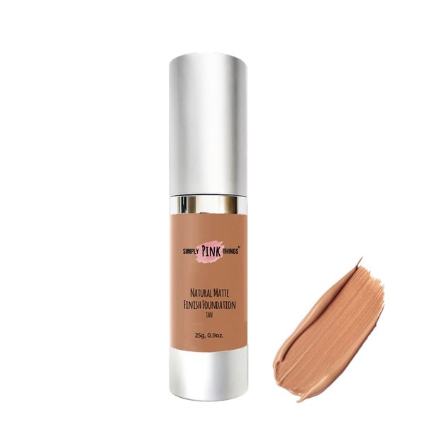 SIMPLY PINK THINGS Natural Matte Finish Foundation (TAN) (25g, 0.9oz.) Paraben Free, Talc Free, Vegan, Natural & Organic Ingredients