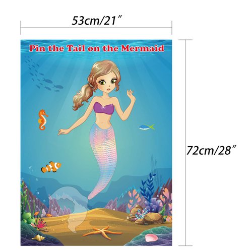 FEPITO Mermaid Party Supplies Pin The Tail on The Mermaid Party Game with 24Pcs Tail Stickers for Mermaid Party Favors, Kids Birthday Party