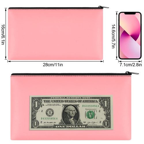 2 Pieces Money Bags with Zipper, 11x6.1 inch Money Pouch, Bank Bag, Cash Bag, Check Wallet, Cosmetics(pink)