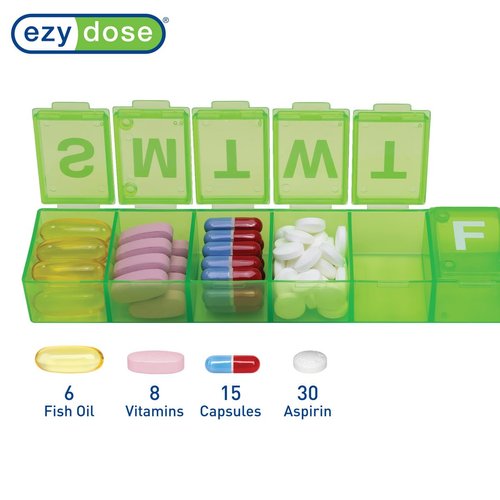 EZY DOSE Weekly (7-Day) Pill Case, Medicine Planner, Vitamin Organizer Box, Convenient and Easy to Use, X-Large Compartments, Travel Friendly, Color May Vary, BPA Free