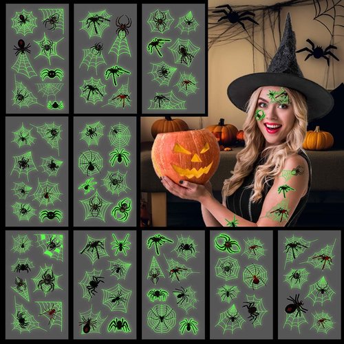 Coridy 10PCS Halloween Spider Temporary Tattoos Noctilucence Spider Silk Scary Prank Insect Fake Tattoos Witch Makeup for Women Men Kids Cosplay Party