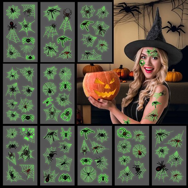 Coridy 10PCS Halloween Spider Temporary Tattoos Noctilucence Spider Silk Scary Prank Insect Fake Tattoos Witch Makeup for Women Men Kids Cosplay Party