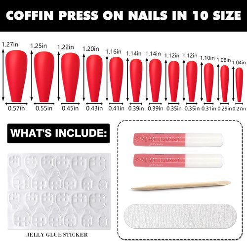 AddFavor Long Coffin Press on Nails Red Fake Nails Full Cover Matte Ballerina Acrylic False Nail for Women, 240pc Red Nails with Nail Glue Adhesive Tabs File Tools