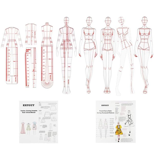 EXTCCT Fashion Drawing Template Ruler Set, Woman Sewing Humanoid Patterns Design, Clothing Measuring French Curve Rulers A4 Pattern Paper Draft Drawings