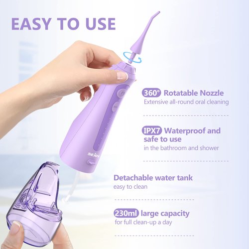 Sejoy Water Flossers for Teeth Cleaning, Water Flosser for Teeth Rechargeable Cordless, Electric Portable, 5 Cleaning Modes 8 Jet Tips, IPX7 Waterproof, 230ml, for Travel and Home