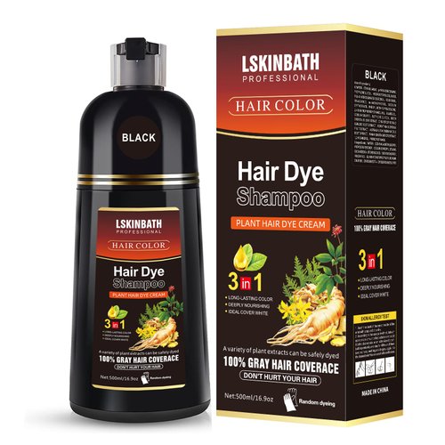 LSKINBATH Natural Hair Dye Shampoo, 3-IN-1 Herbal Hair Color Shampoo, Instant Hair Dye for Men Women, 100% Hair Color Coverage for All Hair Types 16.9 Fl Oz 500ml (Black)