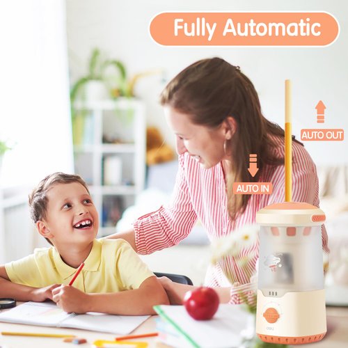 deli Electric Pencil Sharpener, Fully Automatic Spaceship Styling Pencil Sharpener, Auto in & Out, Rechargeable Hands-Free Pencil Sharpener for 6.9-10.8mm, Home, Classroom, Battery Operate, White