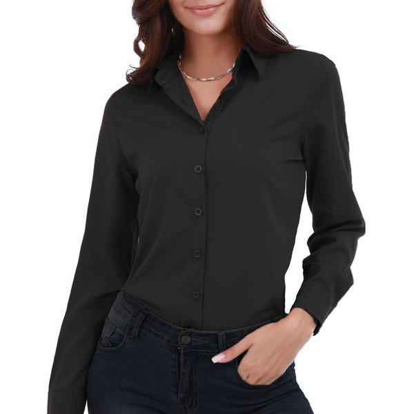 Gemolly Women's Basic Button Down Shirts Long Sleeve Plus Size Simple Cotton Stretch Formal Casual Shirt Blouse Black S
