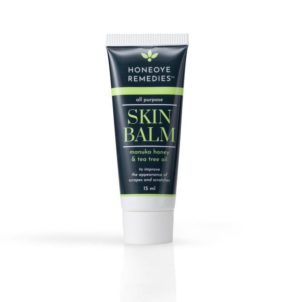 Honeoye Remedies Skin Balm Travel Size [0.5 oz / 15 ml] | Manuka Honey [550+ MGO] & Tea Tree Oil Moisturizing Cream for Intensive Repair of Dry Skin, Scrapes, Cuts & More | 100% Natural