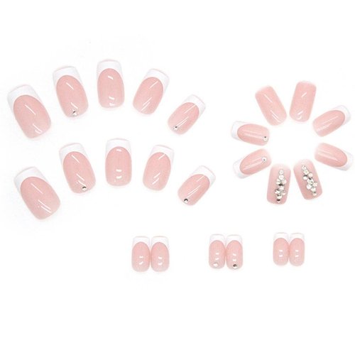 Foccna French Tip Press on Nails Medium, White Fake Nails Square Acrylic False Pink Nails,Artificial Rhinestone Nails for Women and Girls 24 pcs