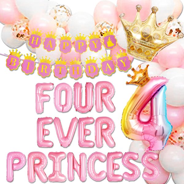 Four Ever a Princess Birthday Decorations Pink Gold Princess Castles Balloon Garland Crown Number 4 Foil Balloons Banner for 4 Years Old Birthday Party Decor Supplies