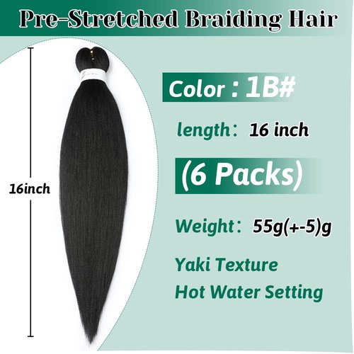 Braiding Hair Pre stretched 16 Inch Braiding Hair Extensions Hot Water Setting Synthetic Hair Pre Stretched Crochet Braids Hair Yaki Texture(16 Inch,6 Packs,1B#）