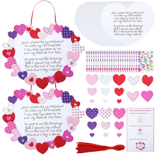 Syhood 24 Set Valentine Craft Kit for Kids Jesus Heart Wreath Sunday School VBS Religious Crafts DIY Christian Bible Hanging Craft Kit for Kids School Home Activities