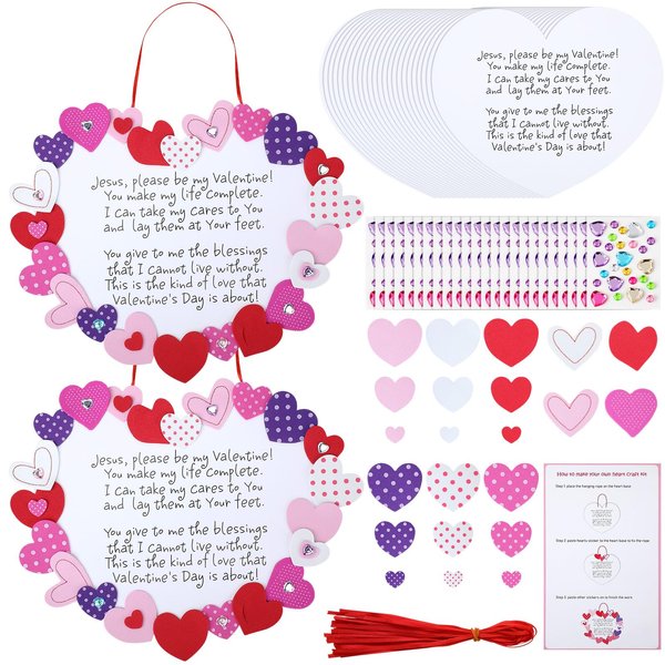 Syhood 24 Set Valentine Craft Kit for Kids Jesus Heart Wreath Sunday School VBS Religious Crafts DIY Christian Bible Hanging Craft Kit for Kids School Home Activities